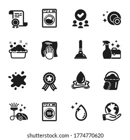 Set of Cleaning icons, such as Water splash, Sponge. Certificate, approved group, save planet. Dirty spot, Washing machine, Cleanser spray. Plunger, Dryer machine, Water drop. Vector