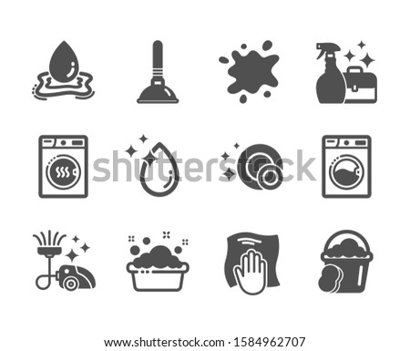 Set of Cleaning icons, such as Water splash, Sponge, Dirty spot, Washing machine, Cleanser spray, Plunger, Dryer machine, Water drop, Vacuum cleaner, Hand washing, Clean dishes. Vector