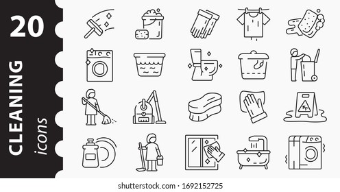 Set of cleaning icons. Vector linear illustration in flat style.