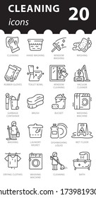 Set of cleaning icons in vector. Linear illustration in flat style.