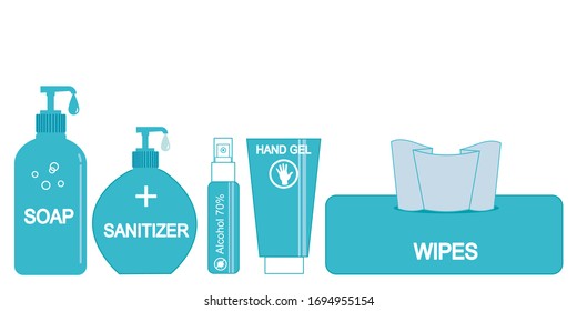 A set of cleaning item isolated on white background. Items for stop spreading germs, viruses and illness. There’re soap dispenser, sanitizer, alcohol spray, hand gel and cleaning wipes.