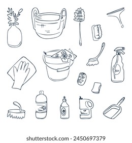 A set of cleaning items, isolated on a white background. Monochrome Vector illustration.