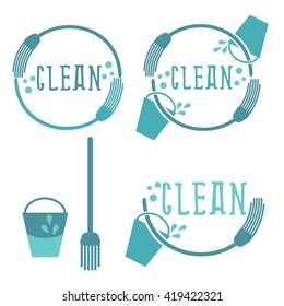 Set of cleaning labels with mop. Vector illustration