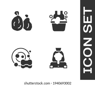 Set Limpieza de servicio, Bolsa de basura, Lavado de platos y Cuenca con icono de jabón. Vector