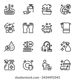 Set of cleaning line icons. wash, spray, stroke, dust, hygiene, outline, cloth, maid, drop, liquid, service, window, brush, tool, housekeeping, dirty, soap, washing, mop, household, work, washer