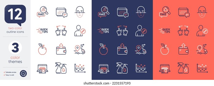 Set of Cleaning liquids, Education and Edit user line icons. Include Marketplace, Message, Move gesture icons. Delivery, Fake news, Face recognition web elements. Apple, Dot plot, Wallet. Vector