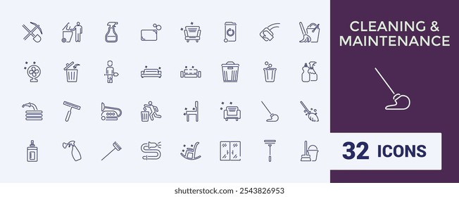 Set of Cleaning And Maintenance line icons. Contains such icons as vacuum, business, men, scrubbing, hand, wash, sponge, spray. Outline icons pack. Vector outline icons collection.