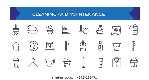 Set of Cleaning and Maintenance outline icons related to housework, housekeeping. Linear icon collection.