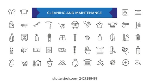 Set of Cleaning and Maintenance outline icons related to housework, housekeeping. Linear icon collection.