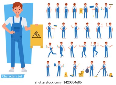 Set of cleaning man staff character vector design. Presentation in various action with emotions, running, standing and walking.