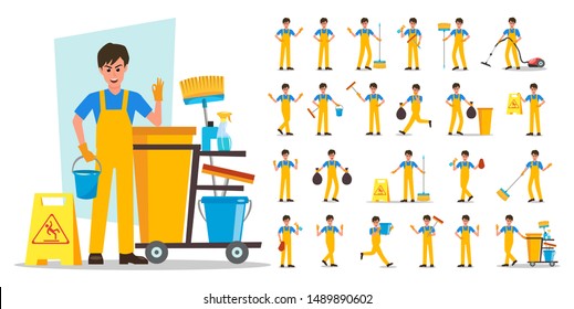 Set of cleaning man staff character vector design. Presentation in various action with emotions, running, standing and walking.