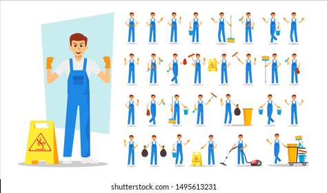 Set of cleaning man staff character vector design. Presentation in various action with emotions, running, standing and walking.
