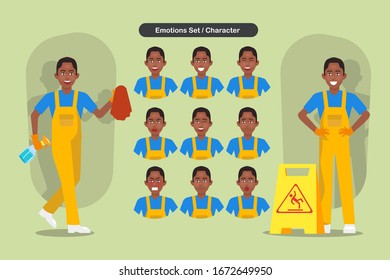 Set of cleaning man staff character vector design. Presentation in various action with emotions, running, standing and walking.