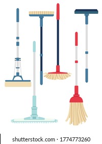 Set of cleaning modern plastic mops domestic must have tools flat vector illustration isolated on white background