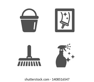 Set of Cleaning mop, Bucket and Window cleaning icons. Washing cleanser sign. Sweep a floor, Washing equipment, Housekeeping service. Housekeeping spray. Classic design cleaning mop icon. Flat design