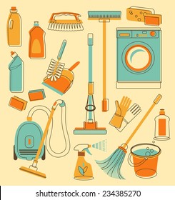 Set of cleaning objects in vintage style