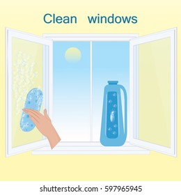Set for cleaning open window transparent glass landscape outside window female hand detergent in bottle sponge isolated light background art creative vector illustration element for design