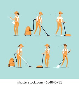 Set of cleaning people. Flat design vector illustration.