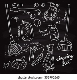 Set of cleaning product doodle on chalk board