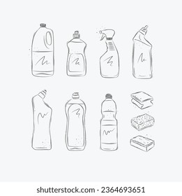 Set of cleaning products bleach, liquid soap, dish rinse aid, glass and toilet cleaner, washcloths drawing in graphic style on white background