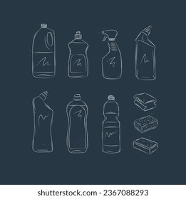 Set of cleaning products bleach, liquid soap, dish rinse aid, glass and toilet cleaner, washcloths drawing in graphic style on blue background