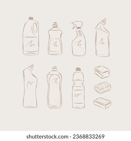 Set of cleaning products bleach, liquid soap, dish rinse aid, glass and toilet cleaner, washcloths drawing in graphic style on beige background