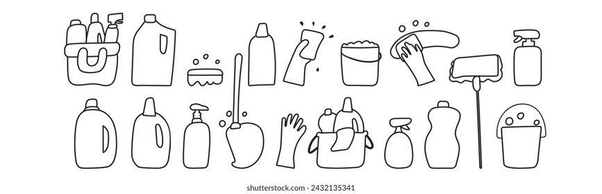 Set de productos de limpieza, botellas, sprays, esponjas, cucharón, fregona, guantes de goma. Varios artículos para la limpieza. Contorne iconos aislados. Color negro. Diseño vectorial. Ilustraciones sobre fondo blanco.