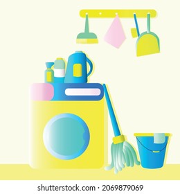 set of cleaning products cleaning products and brushes and Washer