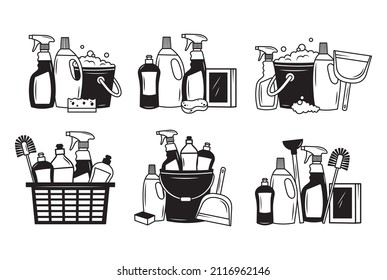 Set of cleaning products. Collection of detergents for cleaning: buckets, brushes, sinks, gloves, sponges, soaps, broom, mop. Household accessories. Vector illustration isolated on white background.