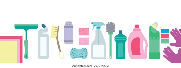 Set of cleaning products for house cleaning on transparent background. Vector flat illustration.