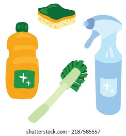 Conjunto de productos de limpieza. Esponja, cepillo, pulverización, detergente. Ilustración vectorial dibujada a mano. Adecuado para sitios web, stickers, postales.