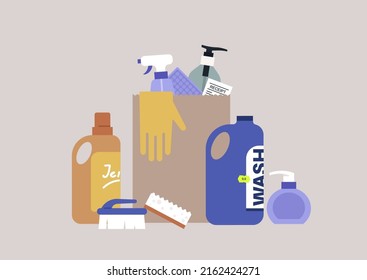A set of cleaning products, sprays, detergents, soap, and brushes, a supermarket purchase