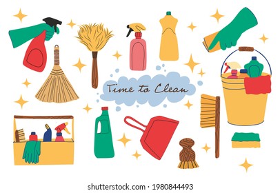 Set of cleaning products. Vector hand drawn illustration in modern style.  Cartoon doodle. All elements are isolated.