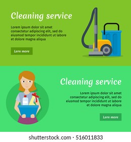 Set of cleaning service banners with equipment. Woman holds blue basin with products. Horizontal website template