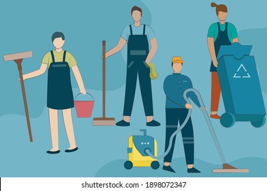 Set Of Cleaning Service Company Staff In Uniform. Men Cartoon Character Cleaner. Vector Illustration In Flat Style On White Background