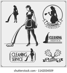 Set of cleaning service emblems with beautiful young maid. Clining badges, labels and design elements. Vintage style.
