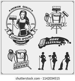 Set of cleaning service emblems with beautiful young maid. Clining badges, labels and design elements. Vintage style.
