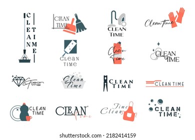 Set of cleaning service emblems, clean time. Vector
