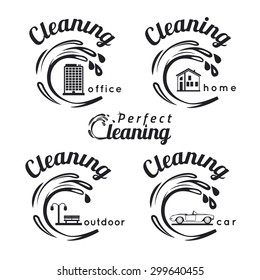 Set of cleaning service emblems, labels and design elements. Home cleaning, office cleaning, car wash and outdoor cleaning icons.