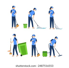 Set of cleaning service employees and equipment and tools for cleaning premises. Cleaning order through a mobile application. Vector illustration in flat style