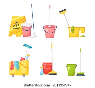 Set von Reinigungseinrichtungen, Haushaltshilfe für Waschen und Unterbringung. Sign, Eimer mit Seife, Brush, Mop und Handschuhe einzeln auf weißem Hintergrund. Cartoon-Vektorgrafik, Symbol oder Etikett