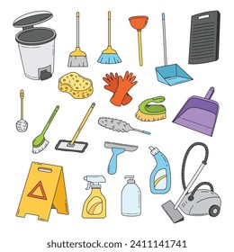 Set of Cleaning service equipment object doodle hand drawn