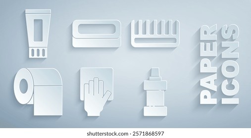 Set Cleaning service, Hairbrush, Toilet paper roll, Bottle for cleaning agent, Bar of soap and Tube toothpaste icon. Vector