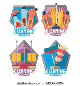 Set of Cleaning service and housekeeping with products emblem on white background vector illustration