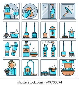 Set of cleaning service icons in flat color line style: dishwash