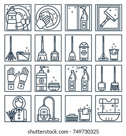 Set of cleaning service icons in line style: dish, floor, window