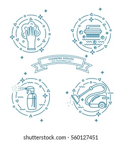 Set of cleaning service illustrations. Different cleaning tools in line art style.