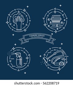 Set of cleaning service illustrations. Different cleaning tools in line art style.