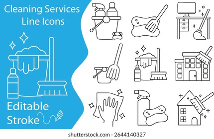 A set of cleaning service line icons featuring a mop, bucket, spray, sponge, and home and office tools. Ideal for hygiene, maintenance, janitorial, and commercial purposes.