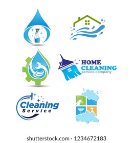 Set of cleaning service logotype. concept of squeegee, purification, wet cleaning, mop, cleanup badge, sweeping. isolated on white background